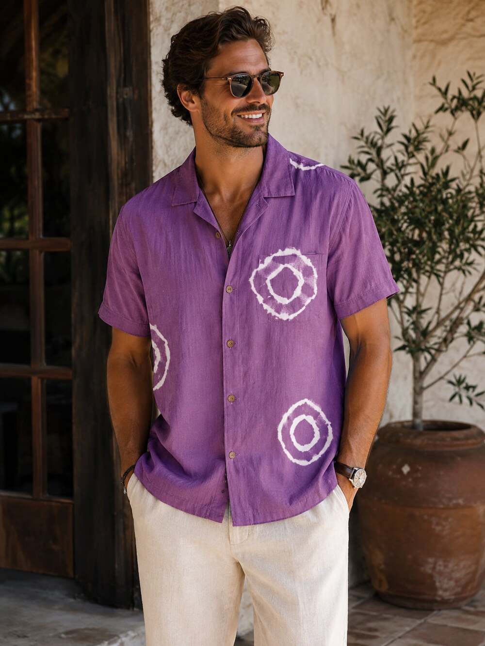 Without Walls Shibori Dye Camp Collar Linen Blend Short Sleeve Shirt